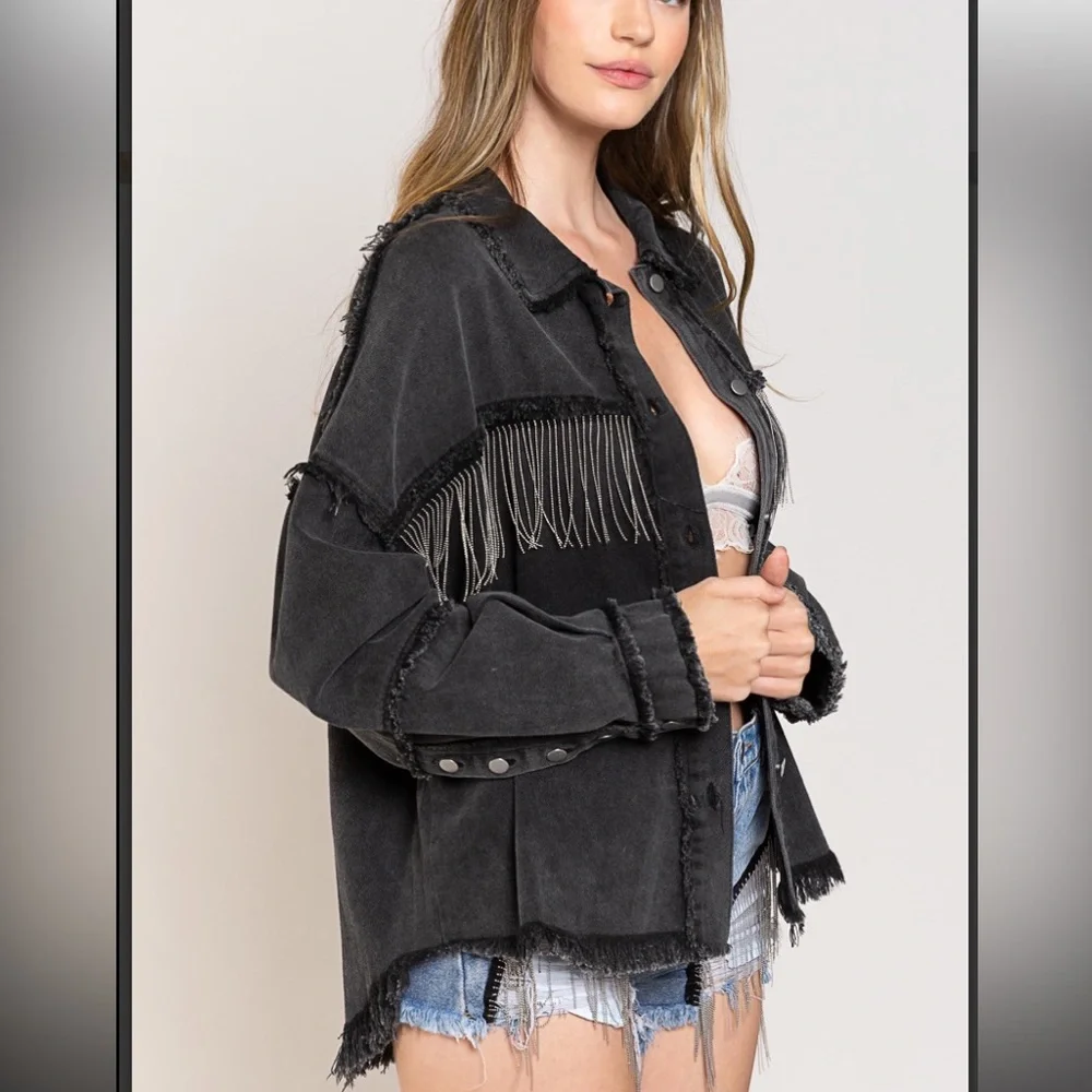POL Women's Black Fringe Detail Jacket - Picture 3 of 4